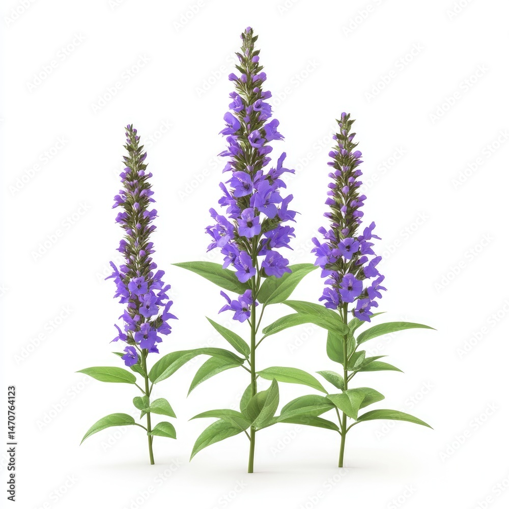 Naklejka premium Three vibrant purple flower spikes against a white background.