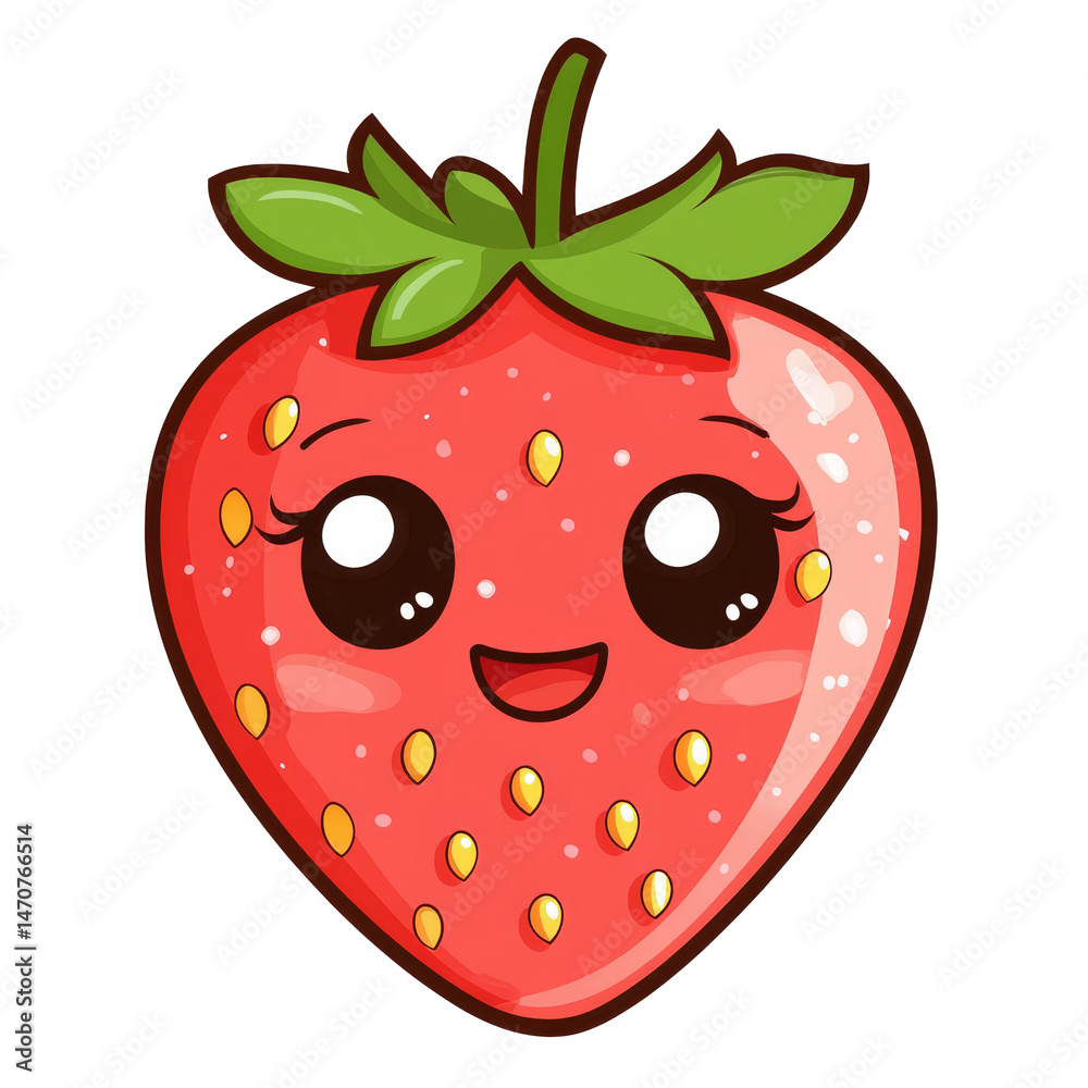 Obraz premium A cute kawaii strawberry character with a smiling face on a bright transparent background ideal for cheerful designs or decorations, Cute kawaii strawberry fruit on a transparent background