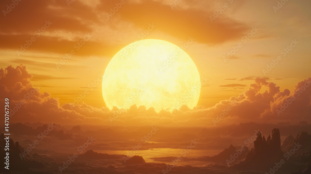 Fototapeta premium A professional render of a large sun setting in the lower frame with a soft color gradient sky above, designed for ad templates