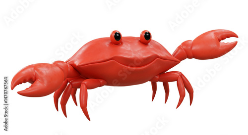 A cartoonish red crab with big claws and eyes on a white background in a studio setting photo