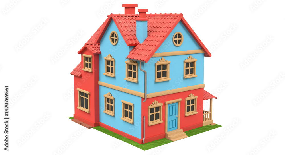Fototapeta premium A two story house with red roof and walls and blue walls and a blue door on a white background