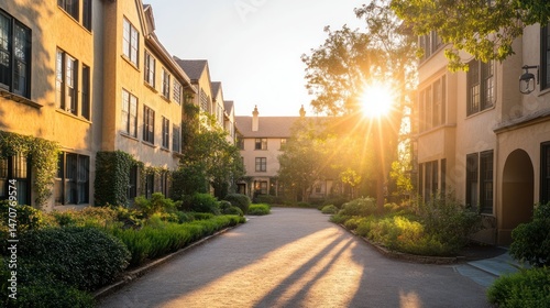 A scenic courtyard bathed in warm light during daytime hours