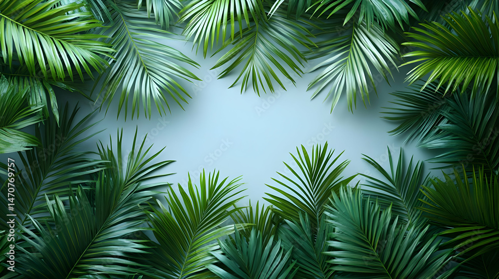 Lush Green Tropical Palm Leaves Frame on Light Blue Background Lush Green Tropical Palm Leaves Frame on Light Blue Background