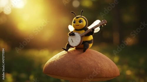 Cute bee cartoon playing banjo on mushroom in sunny nature setting