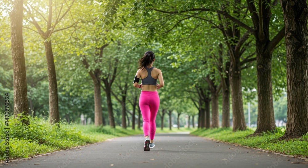Woman jogging on a tree-lined path in a verdant park Woman jogging on a tree-lined path in a verdant park