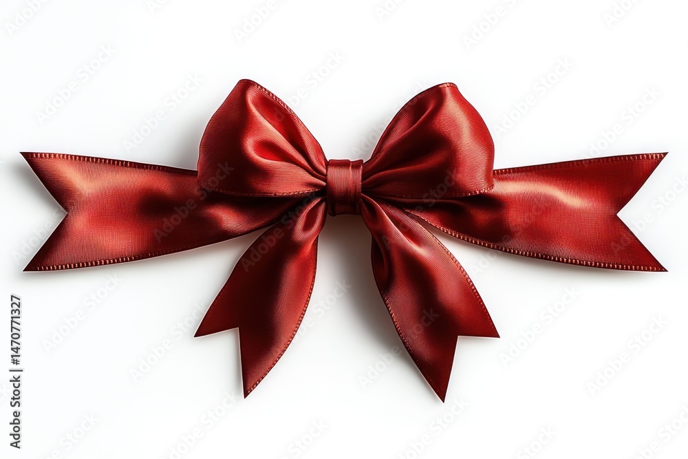 Fototapeta premium Glossy red satin ribbon bow with long tails on white background