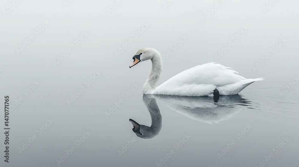 Fototapeta premium Serene swan mirroring on a misty lake