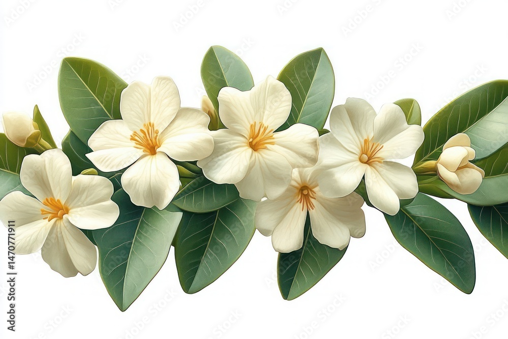 Obraz premium Cluster of white flowers with yellow stamens surrounded by elongated dark green leaves on a white background, capturing natural elegance and freshness