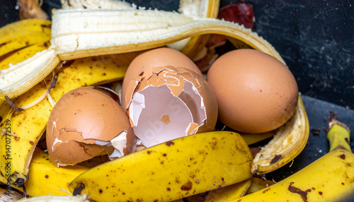 the image shows a close up of organic waste, likely destined for composting, filling what appears to be a black container. several yellow banana peels, some with brown spots, are scattered around