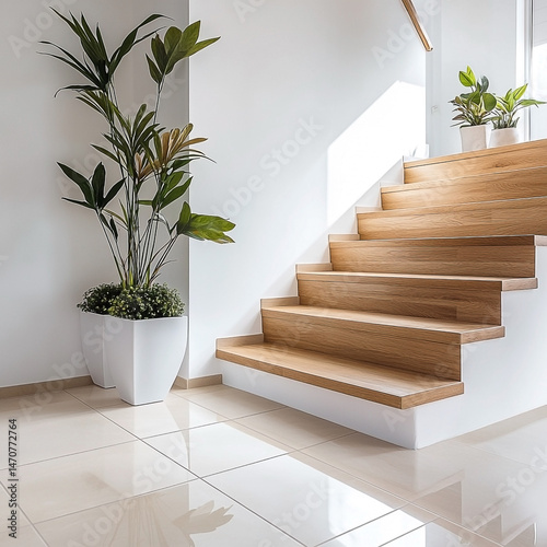 Minimalist stairway featuring indoor greenery and natural sunlight ambience creating calmness