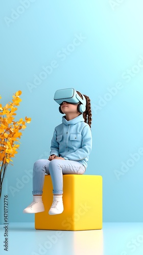 Young Girl Wearing VR Headset in 3D Render Setting