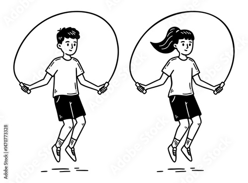 Boy and Girl Skipping Rope Vector Doodle Illustration