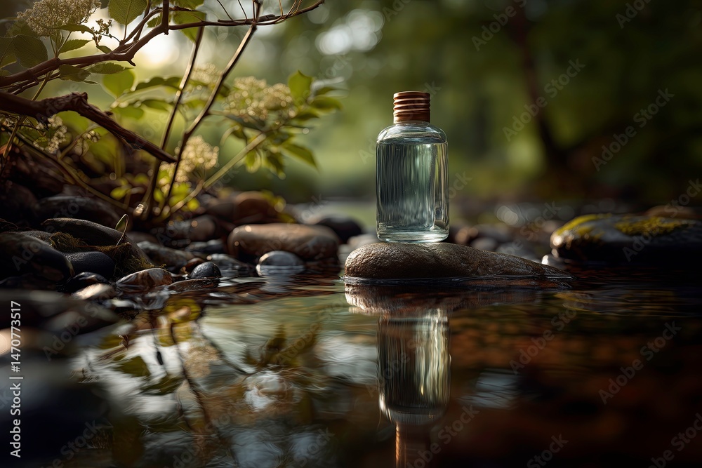Naklejka premium Glass serum bottle standing on river stone in woodland stream