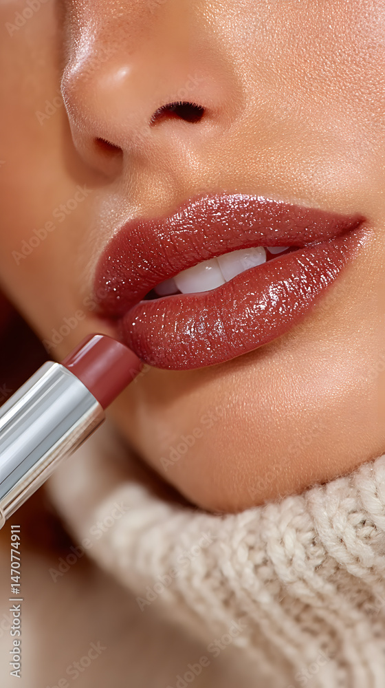 Naklejka premium Lipstick Makeup Beauty Fashion Glossy Brown Lips Skincare Female Closeup Elegance Pout Moisturized Application Style Color Gloss Aesthetic Woman Model Texture Smile Lifestyle Trendy Winter 