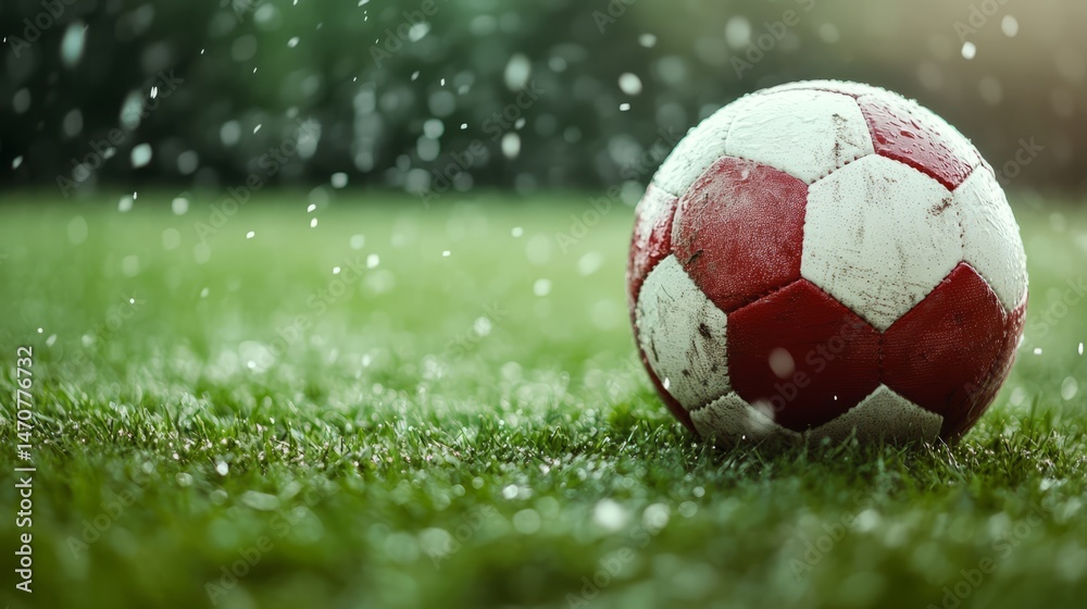 Fototapeta premium Exciting rainy day soccer match field action shot outdoor close-up