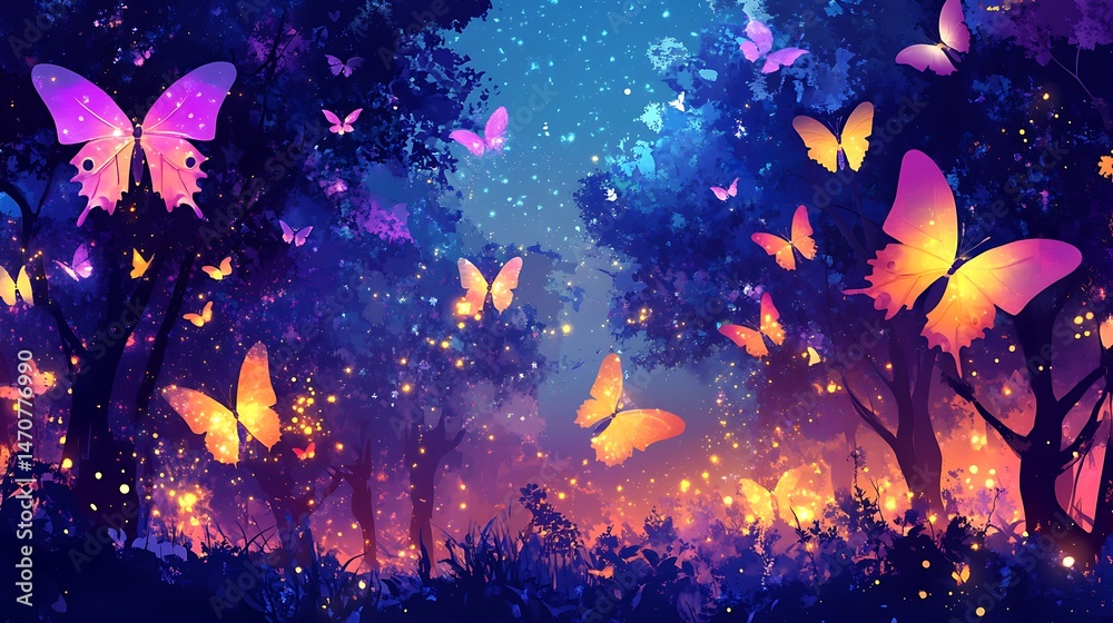 Obraz premium Magical butterfly forest illustration with glowing light and vibrant colors