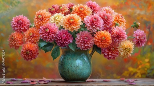 Wallpaper Mural Vibrant dahlia bouquet in a teal vase Torontodigital.ca