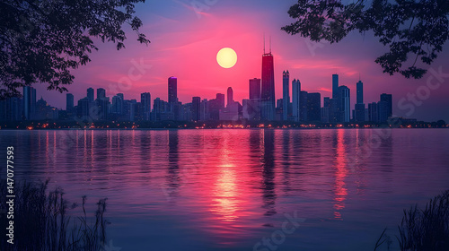 Pink and Purple City Sunset Reflection