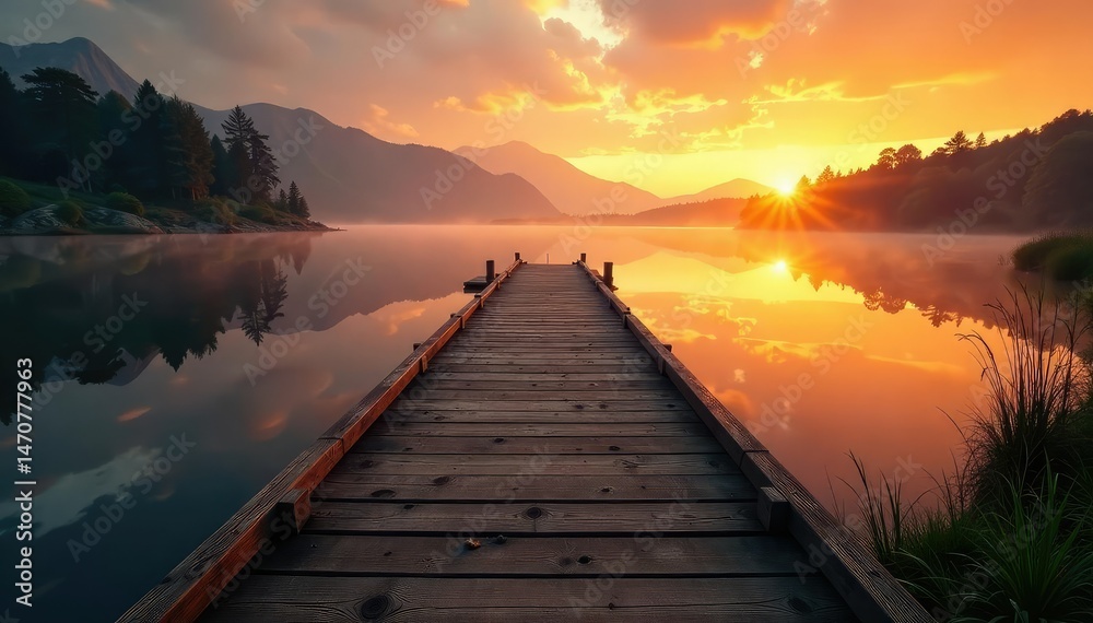Fototapeta premium Rustic wooden hunting dock extending over calm water at sunrise , hunting, waterfowl, ecosystem
