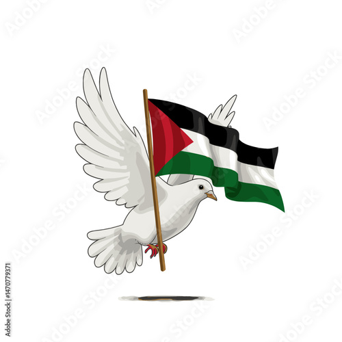 A dove flying with the Palestinian flag held firmly in its beak, symbolizing peace and freedom.