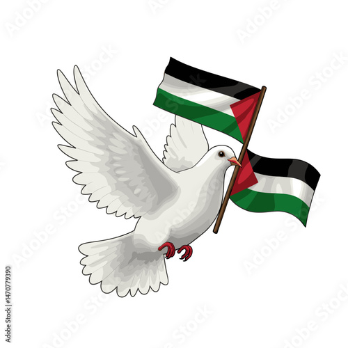 A dove flying with the Palestinian flag held firmly in its beak, symbolizing peace and freedom.