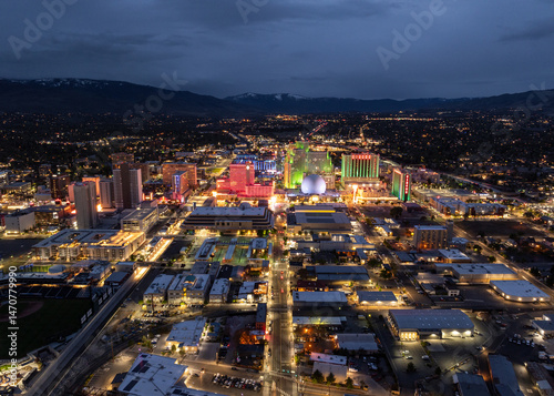 Reno Nevada - Downtown Reno Skyline at Dusk with City Lights 