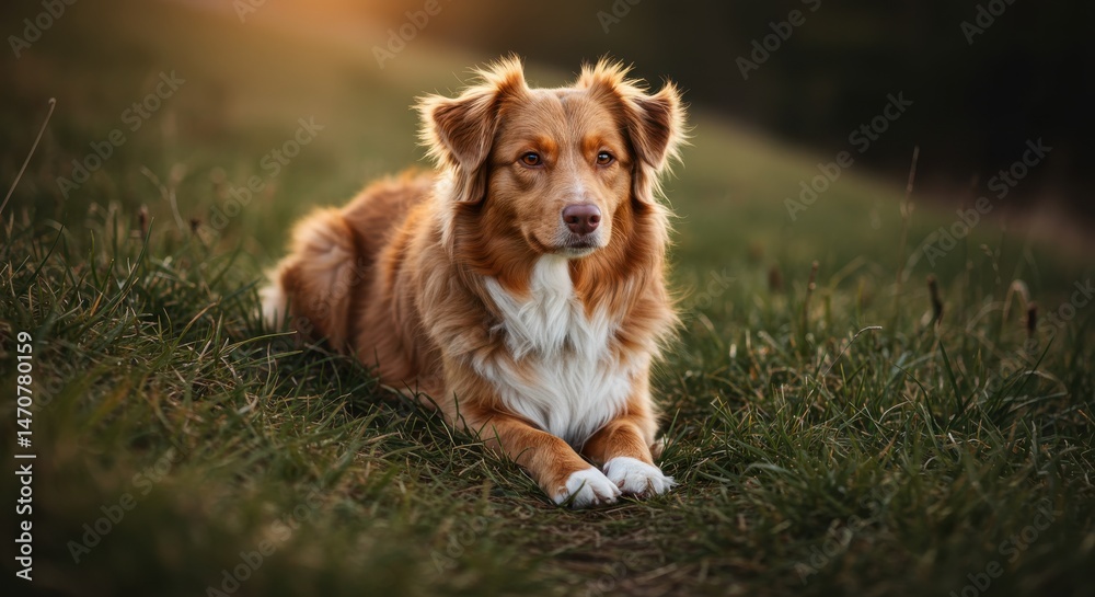 Brown and white dog lying in a verdant field with trees in the background Brown and white dog lying in a verdant field with trees in the background