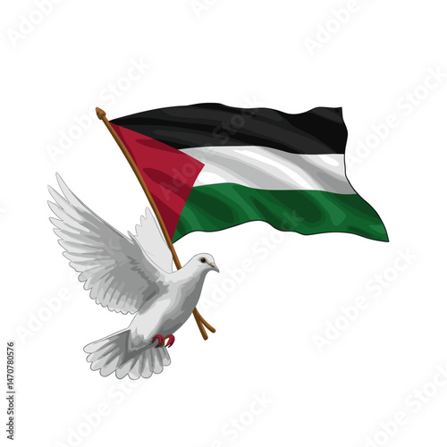 A dove flying with the Palestinian flag held firmly in its beak, symbolizing peace and freedom.