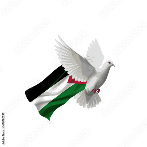 A dove flying with the Palestinian flag held firmly in its beak, symbolizing peace and freedom.