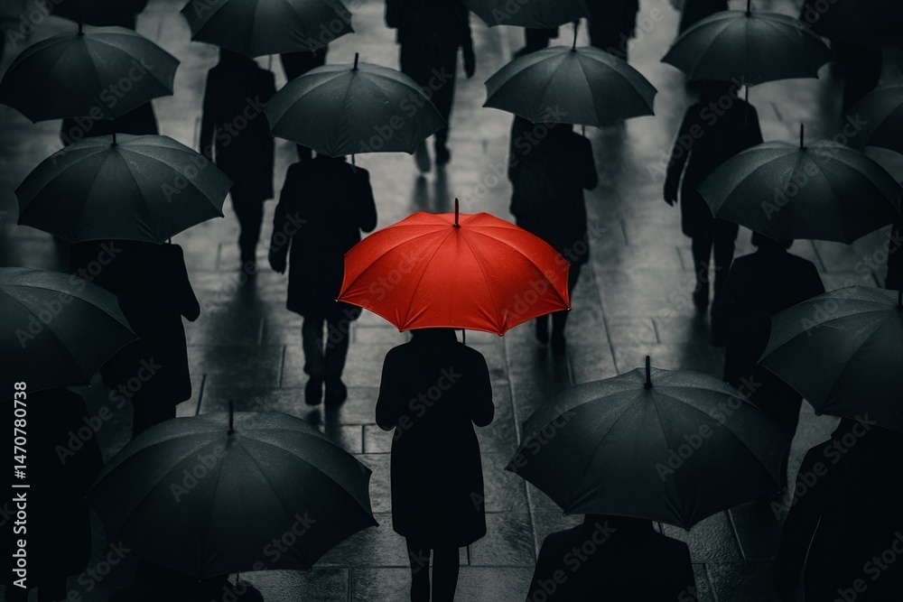 Obraz premium One red umbrella in a rainy city crowd, metaphor for standing out