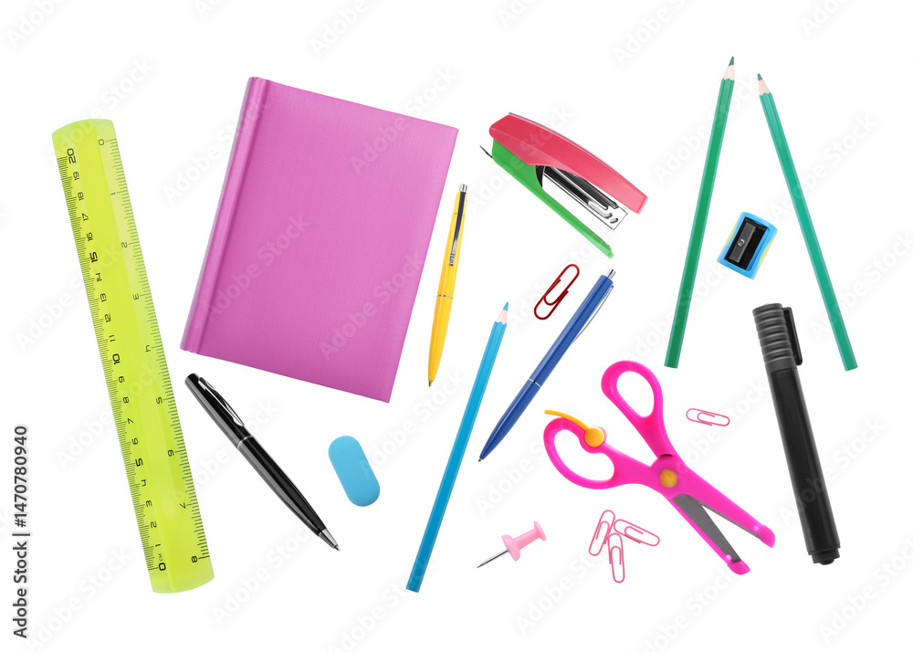 Pens and other different stationery isolated on white, set. Top view Pens and other different stationery isolated on white, set. Top view