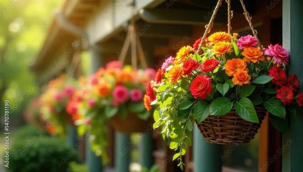 Fototapeta premium Vibrant hanging baskets overflowing with colorful flowers, lush greenery, and cascading blooms , pansy, petunia
