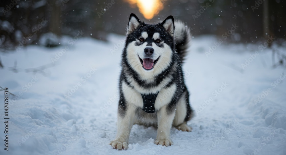 Naklejka premium Siberian Husky with black harness in snowy winter landscape
