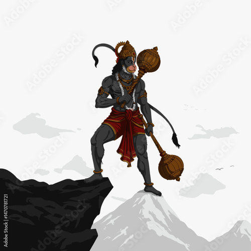 A silhouette of Lord Hanuman in a dynamic pose, with his tail curving around as he holds his weapon.