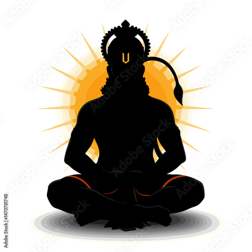 A powerful image of Lord Hanuman standing tall on a peak, holding his mace high in the air.