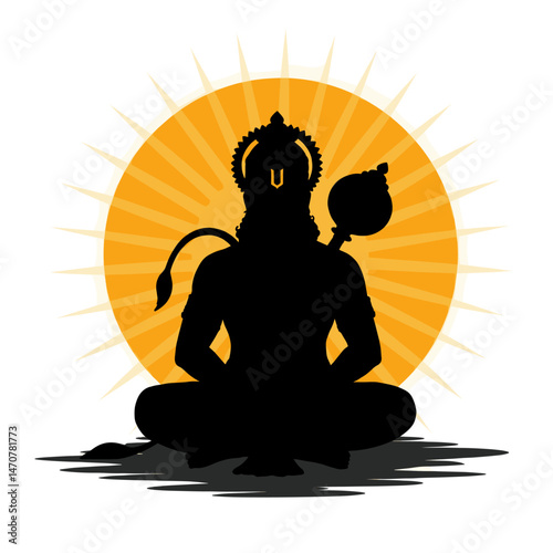 Lord Hanuman's profile in silhouette, exuding strength and power, with a staff in hand.