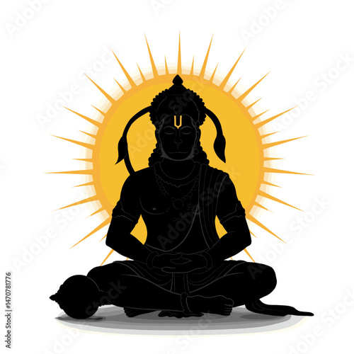 A silhouette of Lord Hanuman in a dynamic pose, with his tail curving around as he holds his weapon.