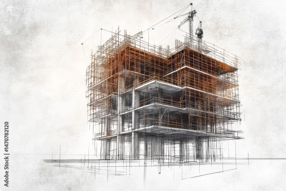 Architectural rendering of a high-rise building under construction. Architectural rendering of a high-rise building under construction.