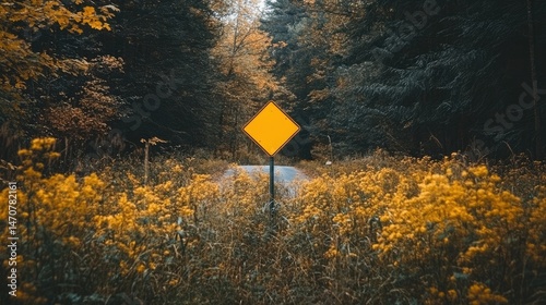 Wallpaper Mural Autumnal pathway with a yellow warning sign. Torontodigital.ca