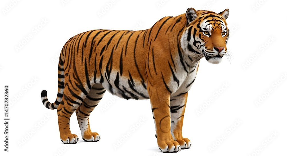 Obraz premium A regal Bengal tiger with rich orange fur and bold stripes, standing in the middle of a white background, high definition realism, 