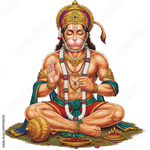 A detailed illustration of Lord Hanuman in a dynamic pose, emphasizing his muscular build and heroic energy.