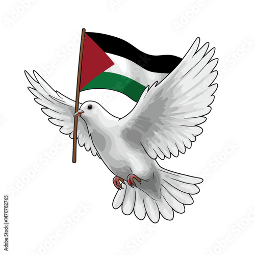A dove flying with the Palestinian flag held firmly in its beak, symbolizing peace and
