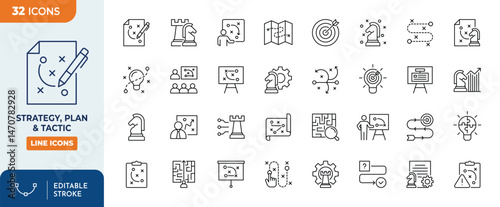 Strategy, plan, tactic line editable icon set. Editable stroke. Vector illustration