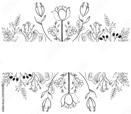 Rectangle frame with hand drawing flowers. Floral element for text, invitation, card, wedding. Flowers on invisible rectangle frame vector illustration.