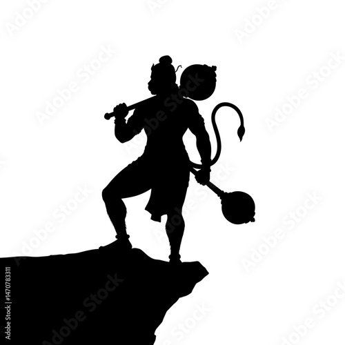 A silhouette of Lord Hanuman in a dynamic pose, with his tail curving around as he holds his weapon.