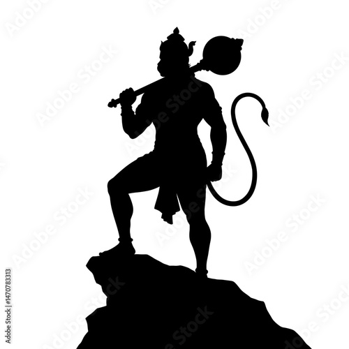 Lord Hanuman's profile in silhouette, exuding strength and power, with a staff in hand.