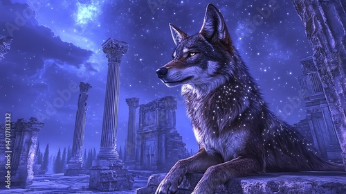 Wolf in ancient ruins at night