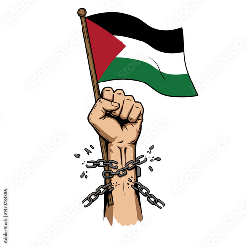 A digital illustration of the Palestinian flag with a hand making a victory gesture, conveying strength.