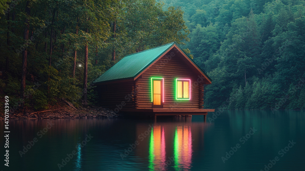 Fototapeta premium Wooden cabin on still water in lush forest