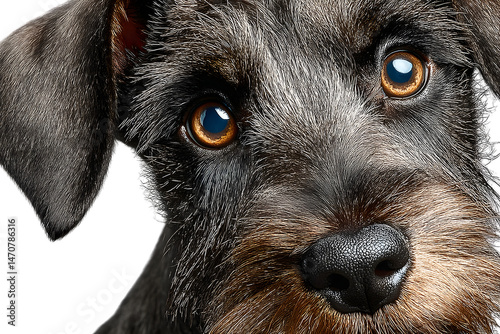 Closeup portrait of a small dogs face showing detailed fur and expressive eyes